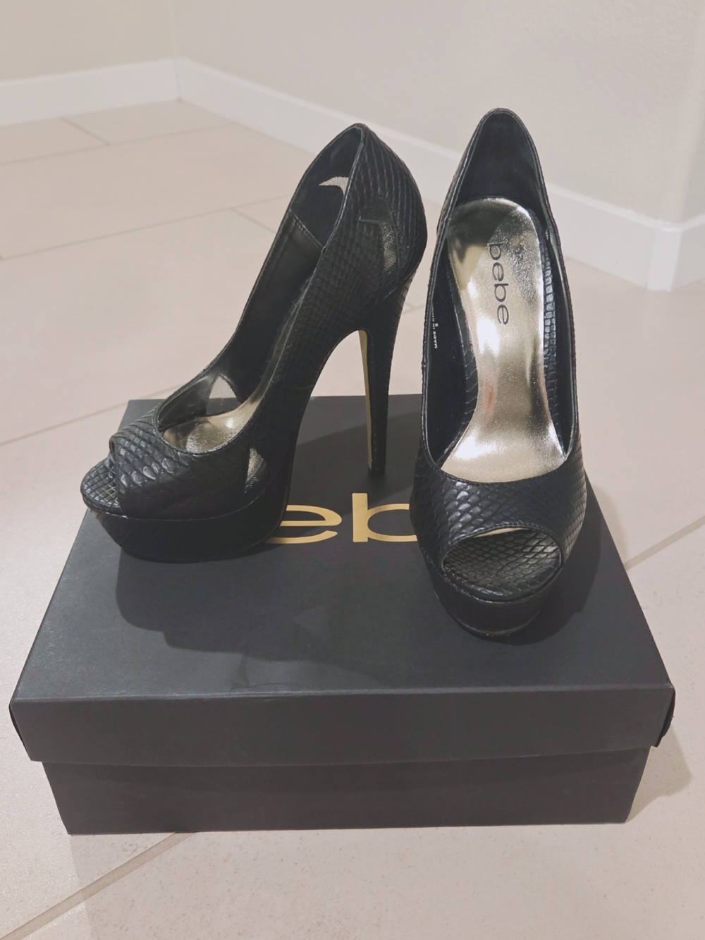 bebe Black Faux-Snakeskin Peep-Toe Platform Heels